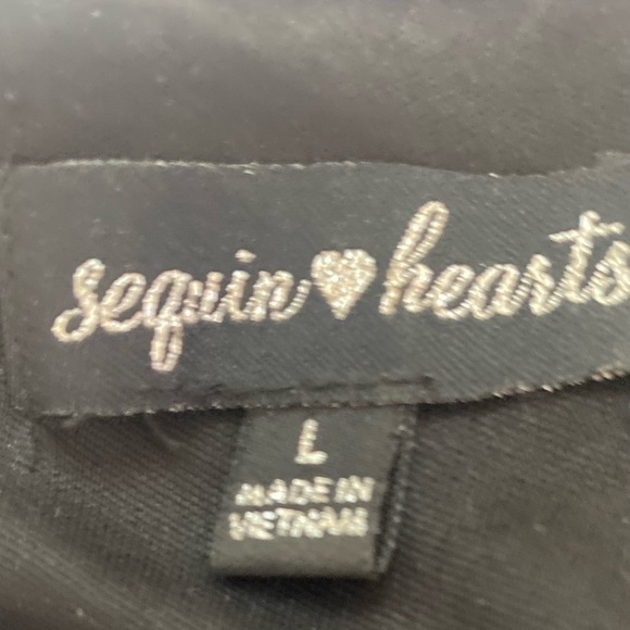 Sequin Hearts Women’s Flowy Dress L Black Gold Sequined Shoulders Sheer Sleeves - Picture 10 of 13